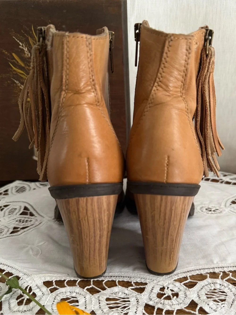 Pikolinos Leather Ankle Boots 38 US 7.5 8 Camel Tassel Boho Block Heel Boot